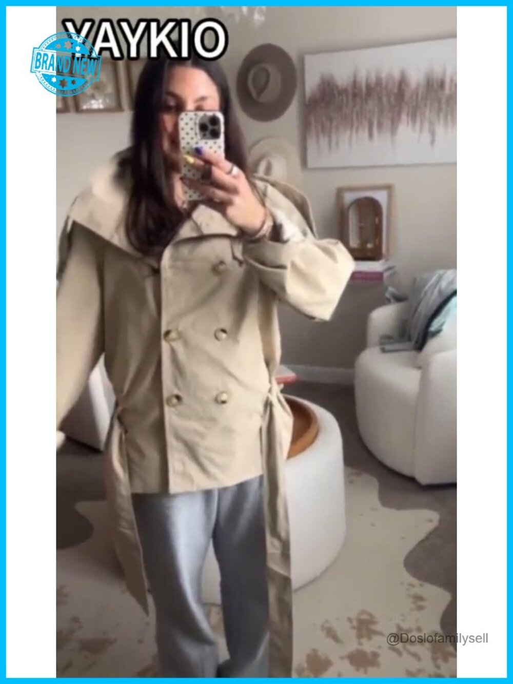 Cropped Trench Coat Women Funnel Neck Double Breasted Belted Fall Spring Jacket - Picture 6 of 6
